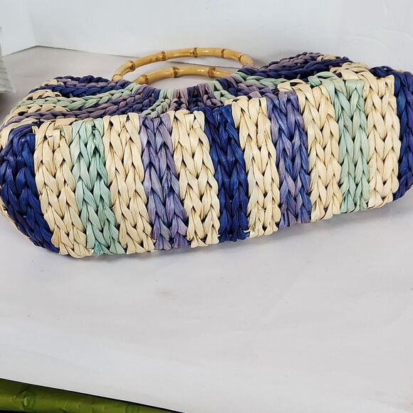 tropical trends purple striped colorful‎ Straw Woven Handbag round Bamboo Handle - Picture 7 of 10